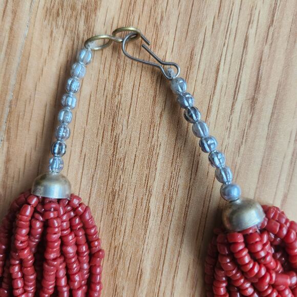 Red 18 Strand Seed Bead Bib Necklace 22" Boho Valentine Statement Collar Layered - Picture 7 of 8